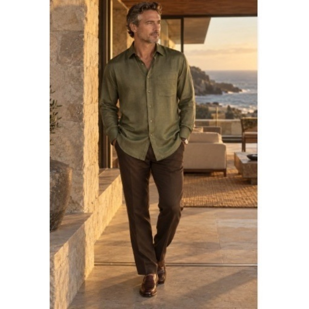 Murano Men's Large Olive Green 100% Silk Quiet Luxury Button Down